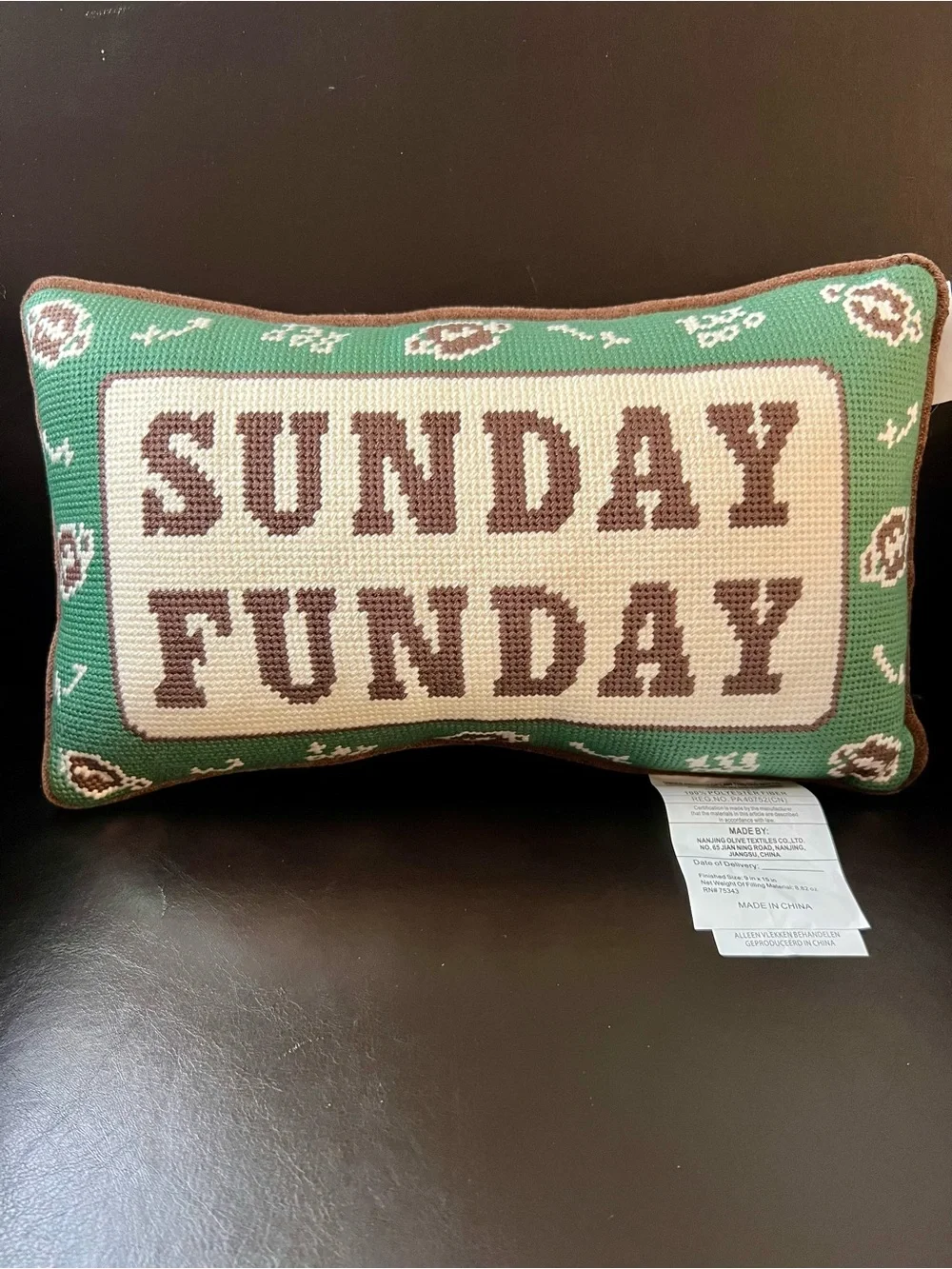 VIRAL Embroidered Needlepoint Pillow with SUNDAY FUNDAY Football Design